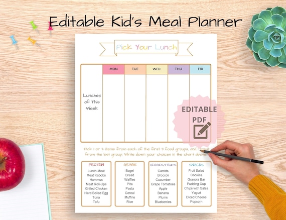 Editable Kids Lunch Meal Planner, Kids Lunch Box Printable, School Lunch Planner, Weekly Meal Planner, Kids Lunch Ideas, Lunch Menu