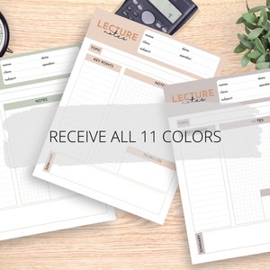 May include: Three printable lecture note templates with a grid pattern, a section for key points, and a to-do list. The templates are in different colours: green, beige, and light brown. The text "RECEIVE ALL 11 COLORS" is in the centre of the image.