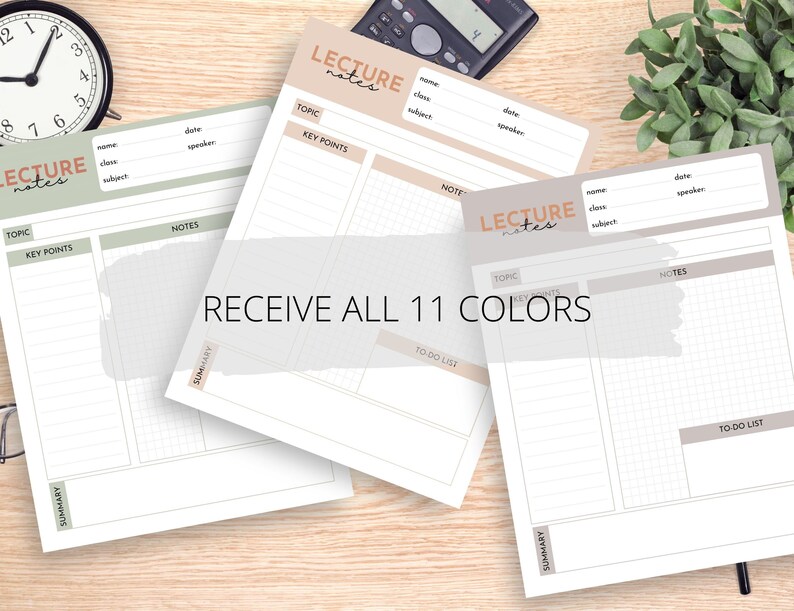 May include: Three printable lecture note templates with a grid pattern, a section for key points, and a to-do list. The templates are in different colours: green, beige, and light brown. The text "RECEIVE ALL 11 COLORS" is in the centre of the image.