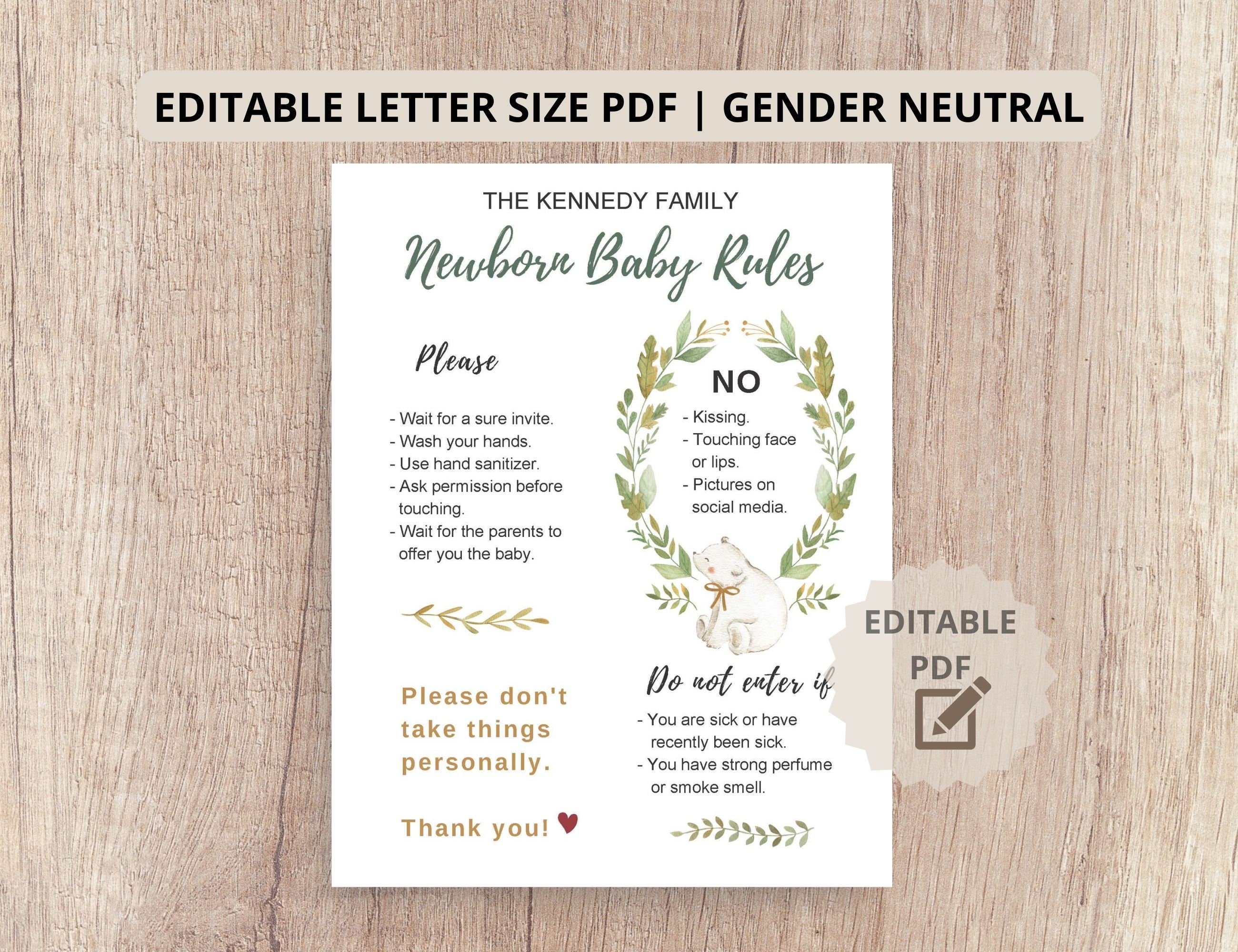 Editable Newborn Rules Sign, Newborn Visitor Information, Custom