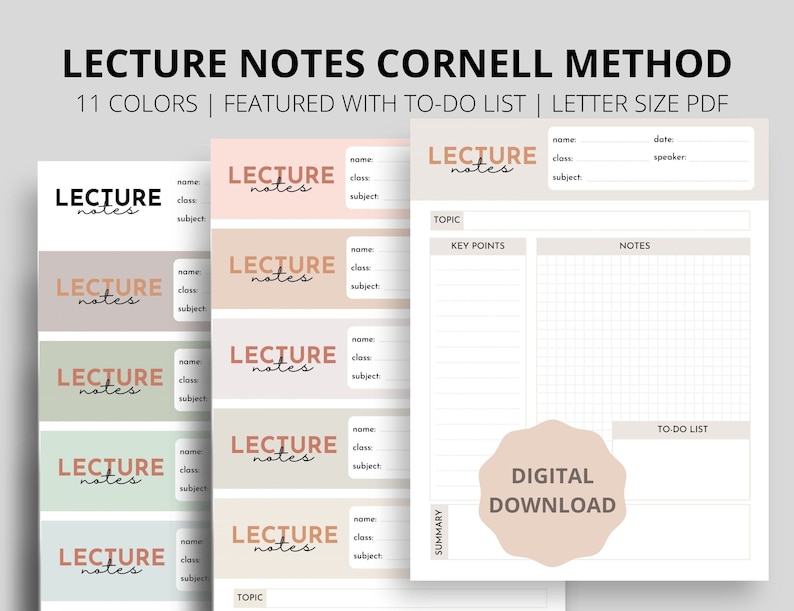 May include: A printable digital download of 11 different coloured lecture note templates using the Cornell Method. Each template includes sections for name, class, subject, date, speaker, topic, key points, notes, summary, and a to-do list.