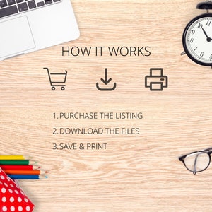 May include: How to purchase digital files: 1. Purchase the listing, 2. Download the files, 3. Save & Print.  Illustrated steps with icons of a shopping cart, a download arrow, and a printer.