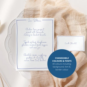 Französisch inspiriertes Menü & Tischkarten-Vorlagen-Set, von Hand gezeichnet, Hochzeit/Brautparty-Menü, druckbar, digitale Vorlage, INSTANT DOWNLOAD