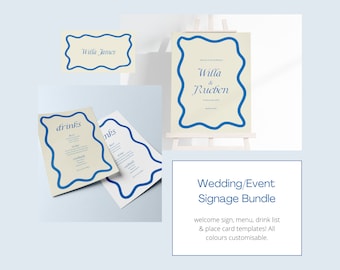 Signalisation de mariage/événement bleu classique, moderne, ondulé, signe de bienvenue, cartes de place, Menu, modèle numérique, téléchargement immédiat