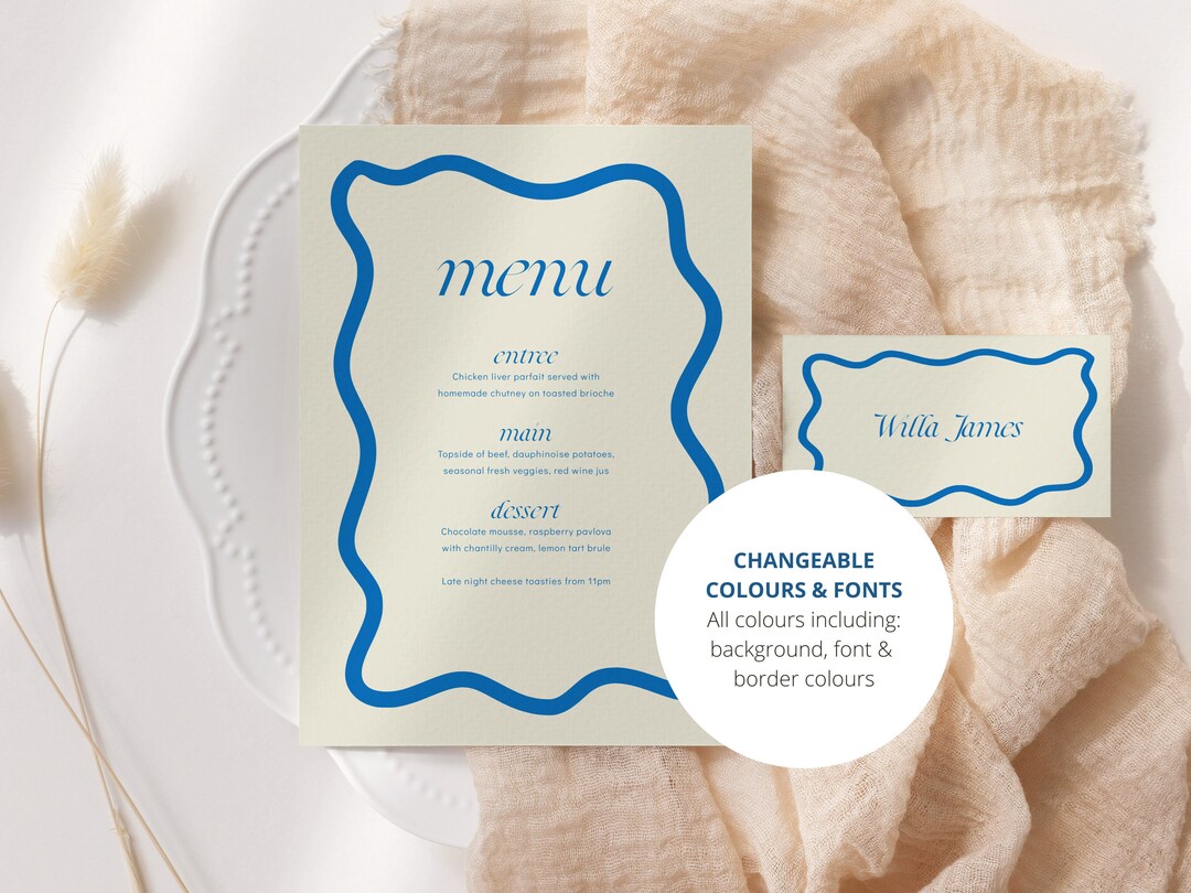 Classic Blue Menu, Drinks and Place Card Template, Wavy, Wedding/bridal ...