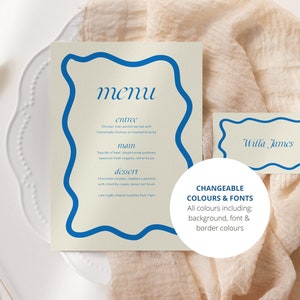 Classic Blue Menu, Drinks and Place Card Template, Wavy, Wedding/bridal ...