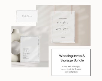 Signalisation de mariage/événement minimaliste moderne, panneau de bienvenue, marque-places, menu, liste de boissons, modèle numérique, téléchargement immédiat