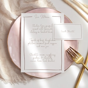 Menu desenhado à mão e conjunto de modelos de cartão de lugar, francês, menu de casamento/chá de panela, para impressão, modelo digital, DOWNLOAD INSTANTÂNEO