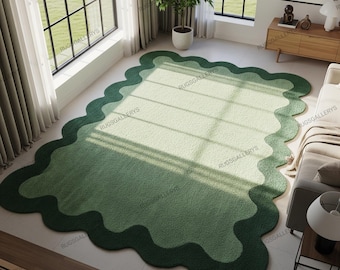 Green Scalloped Wool Rug, Hand Tufted Modern Abstract Area Rug for Living Room