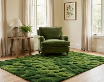 Hand Tufted Moss Green Wool Area Rug Modern Organic Texture