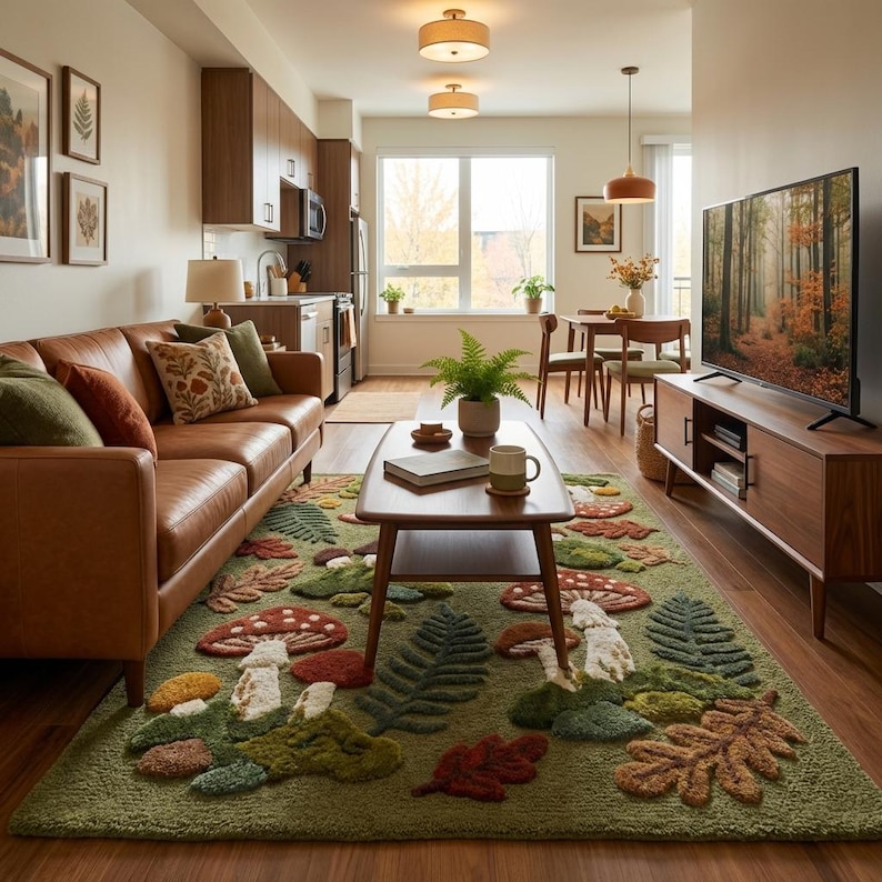 Whimsical forest mushroom rug with sculpted wool pile creating dimensional botanical texture
