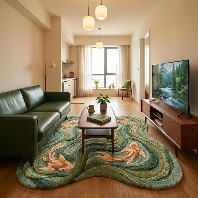 Contemporary wool hand tufted rug used as statement living room décor