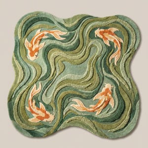 Artistic koi fish hand tufted rug with organic freeform shape