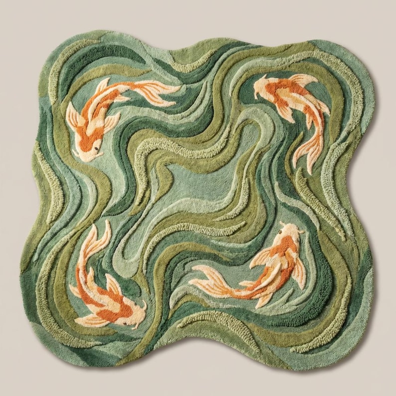 Artistic koi fish hand tufted rug with organic freeform shape