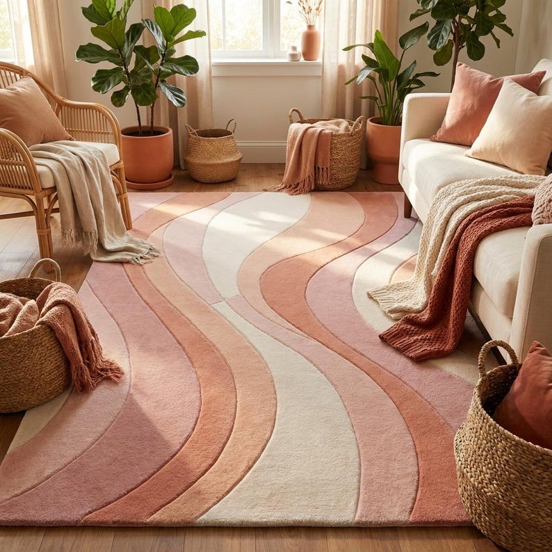 Blush pink wool tufted rug with curved wave design adding soft texture to bedroom or living room interior