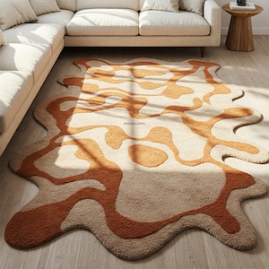 Beige Orange Abstract Hand Tufted Wool Rug, Irregular Modern Area Rugs for Living Room