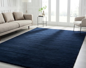 Deep Navy Blue Solid Wool Rug, Hand Tufted Custom Area Rug for Living Room