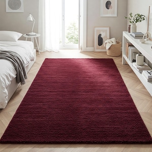 Deep Red Hand Tufted Rug, Modern Solid Wool Area Rugs for Bedroom