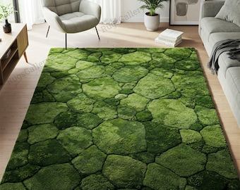 Hand Tufted Wool Rug, Moss Green Stone Design, Modern Abstract