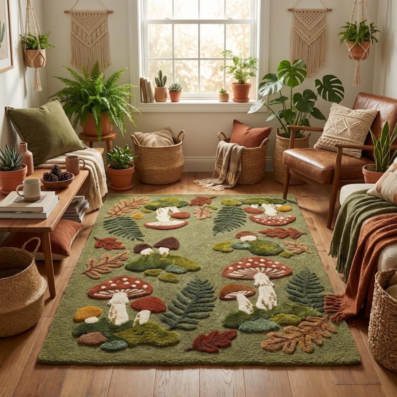 Nature inspired hand tufted rug styled in cozy living room with wooden furniture and indoor plants