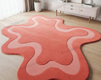Hand Tufted Wool Rug, Coral Pink Abstract Amoeba Design
