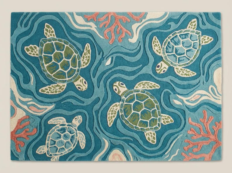 Hand Tufted Sea Turtle Area Rug, Coastal Wool Ocean Decor - Etsy