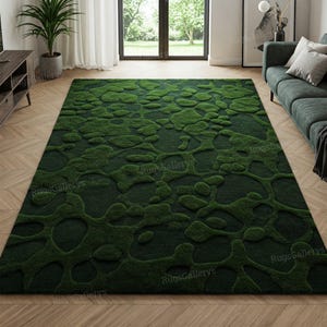 Hand Tufted Wool Rug, Deep Forest Green Moss, Abstract Organic Texture