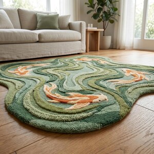 Japanese inspired koi fish area rug with sculpted hand tufted detailing