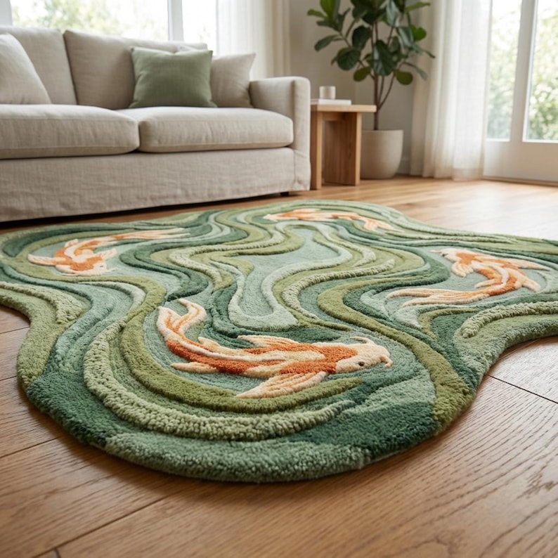 Japanese inspired koi fish area rug with sculpted hand tufted detailing