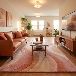 Soft wool pink area rug with flowing wave pattern ideal for bedroom decor and modern interior styling