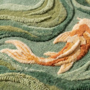 Close-up of hand tufted wool pile showing carved koi fish and wave texture