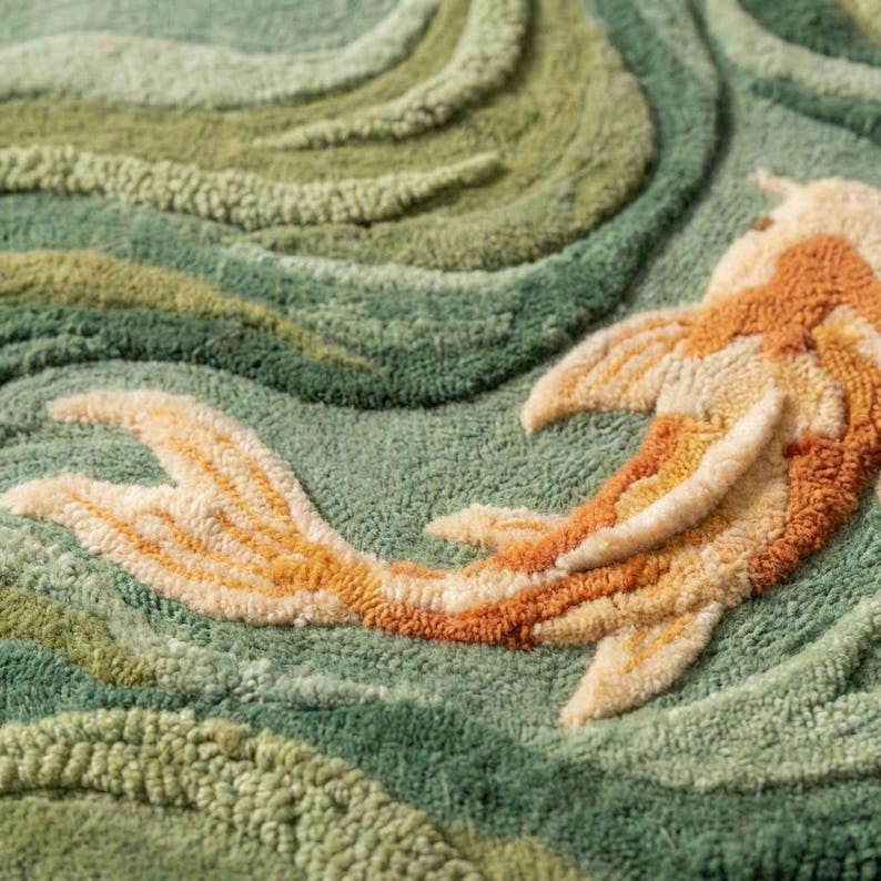 Close-up of hand tufted wool pile showing carved koi fish and wave texture