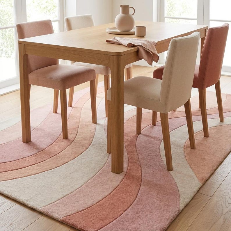 Puede incluir: Una mesa de comedor de madera clara con cuatro sillas tapizadas en tonos rosa y beige. Una alfombra con un patr&oacute;n ondulado en tonos rosa, melocot&oacute;n y crema est&aacute; debajo de la mesa. Una jarra, una taza y una servilleta doblada est&aacute;n sobre la mesa.