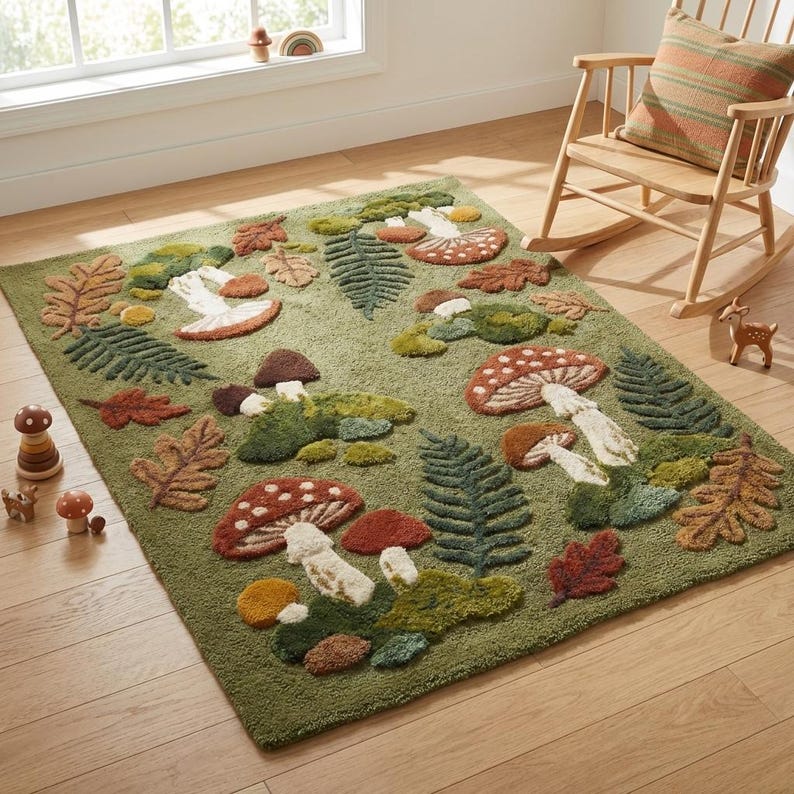 Green cottagecore area rug featuring woodland mushrooms and fern motifs ideal for nature themed decor