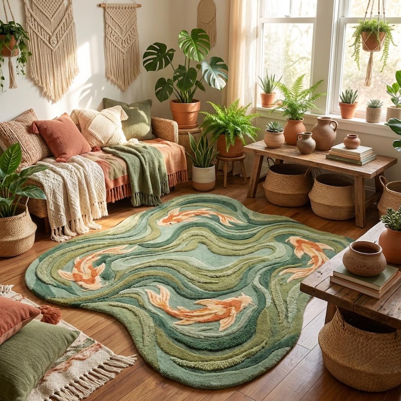 Modern handmade wool rug featuring flowing koi fish design