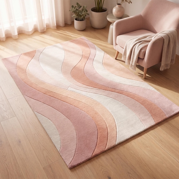Hand Tufted Wool Rug Modern Abstract Pink Area Rug Blush Wave Living Room Carpet Soft Pastel Bedroom Rug Contemporary Home Decor