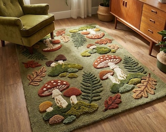 Alfombra con forma de hongo, estilo cottagecore, con decoración de bosque verde musgo.