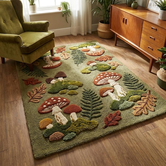 Hand Tufted Mushroom Rug, Cottagecore Woodland Area Rug, Moss Green Forest Decor Carpet