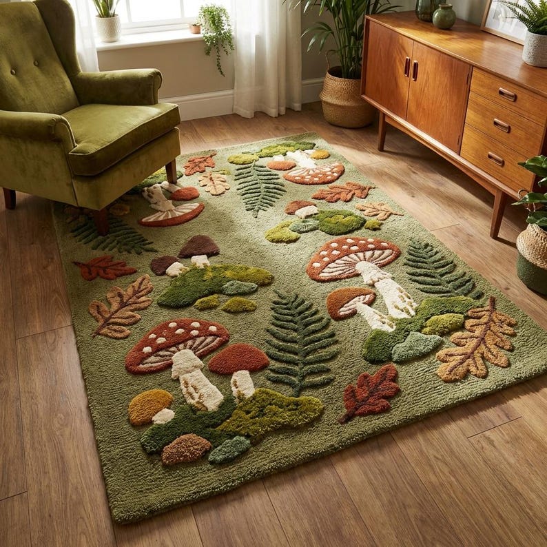 Hand tufted mushroom rug with woodland forest design featuring ferns, moss and botanical shapes on moss green background in cozy living room