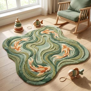 May include: A green and blue rug with a koi fish design. The rug has a wavy pattern and features several orange and white koi fish. Two wooden fish toys and a wooden stacking toy are also visible.