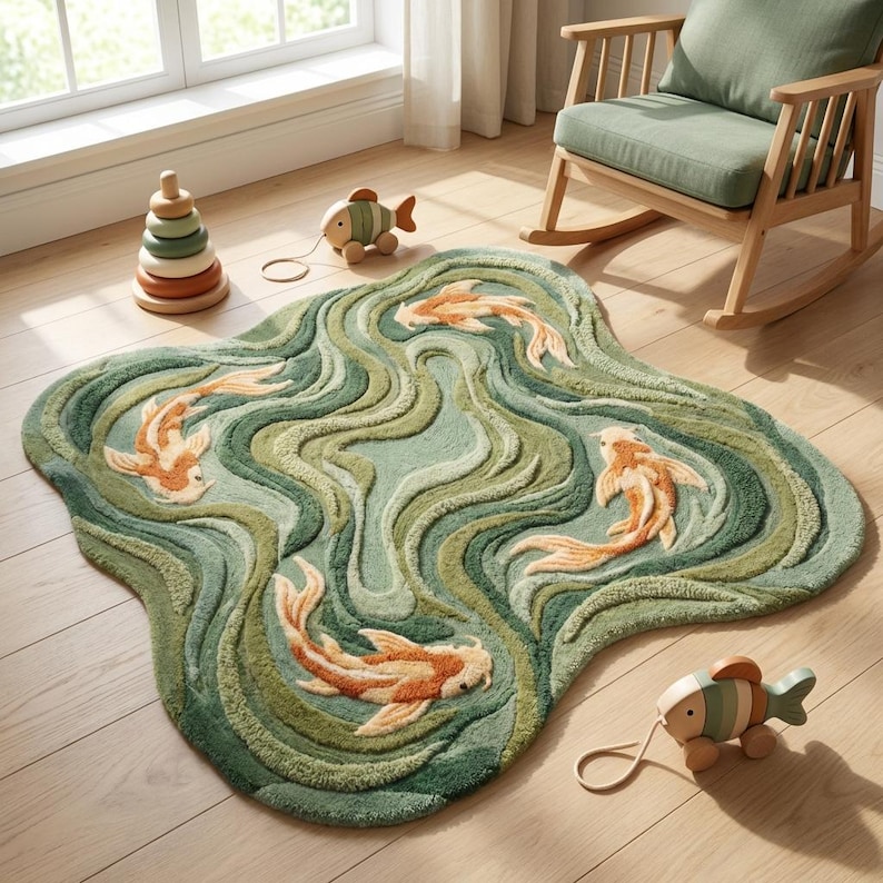May include: A green and blue rug with a koi fish design. The rug has a wavy pattern and features several orange and white koi fish. Two wooden fish toys and a wooden stacking toy are also visible.