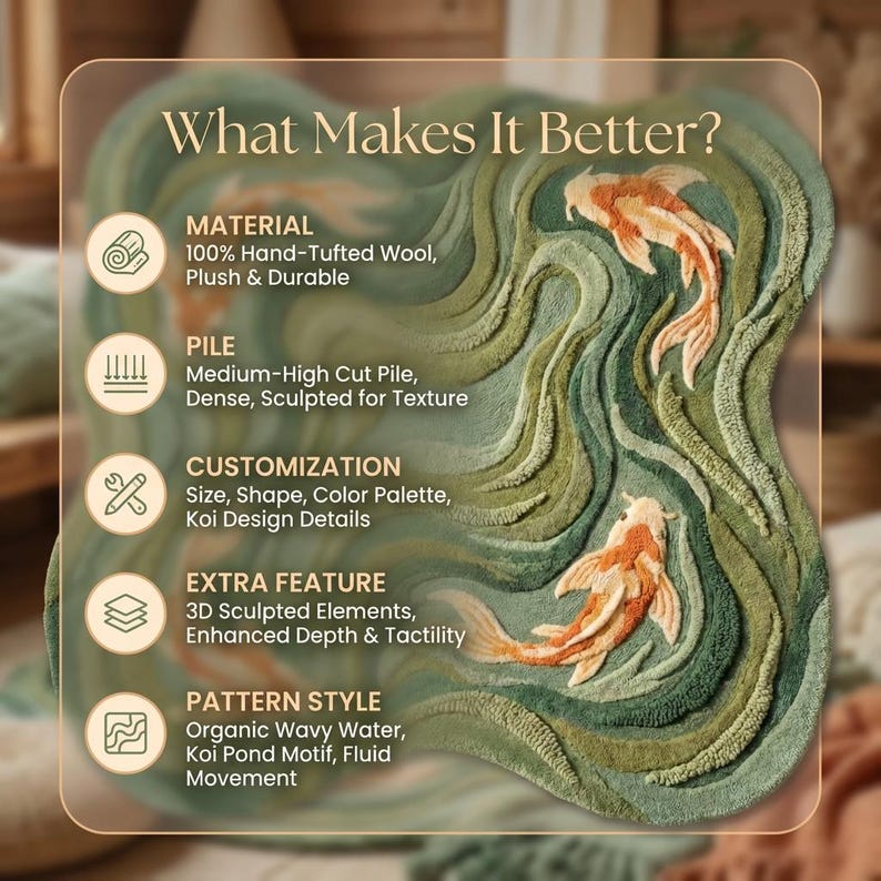 May include: A hand-tufted wool rug with a koi pond design. The rug features a wavy water pattern in shades of green, with two orange and white koi fish. The text "What Makes It Better?" is displayed, highlighting material, pile, customization, and pattern style.