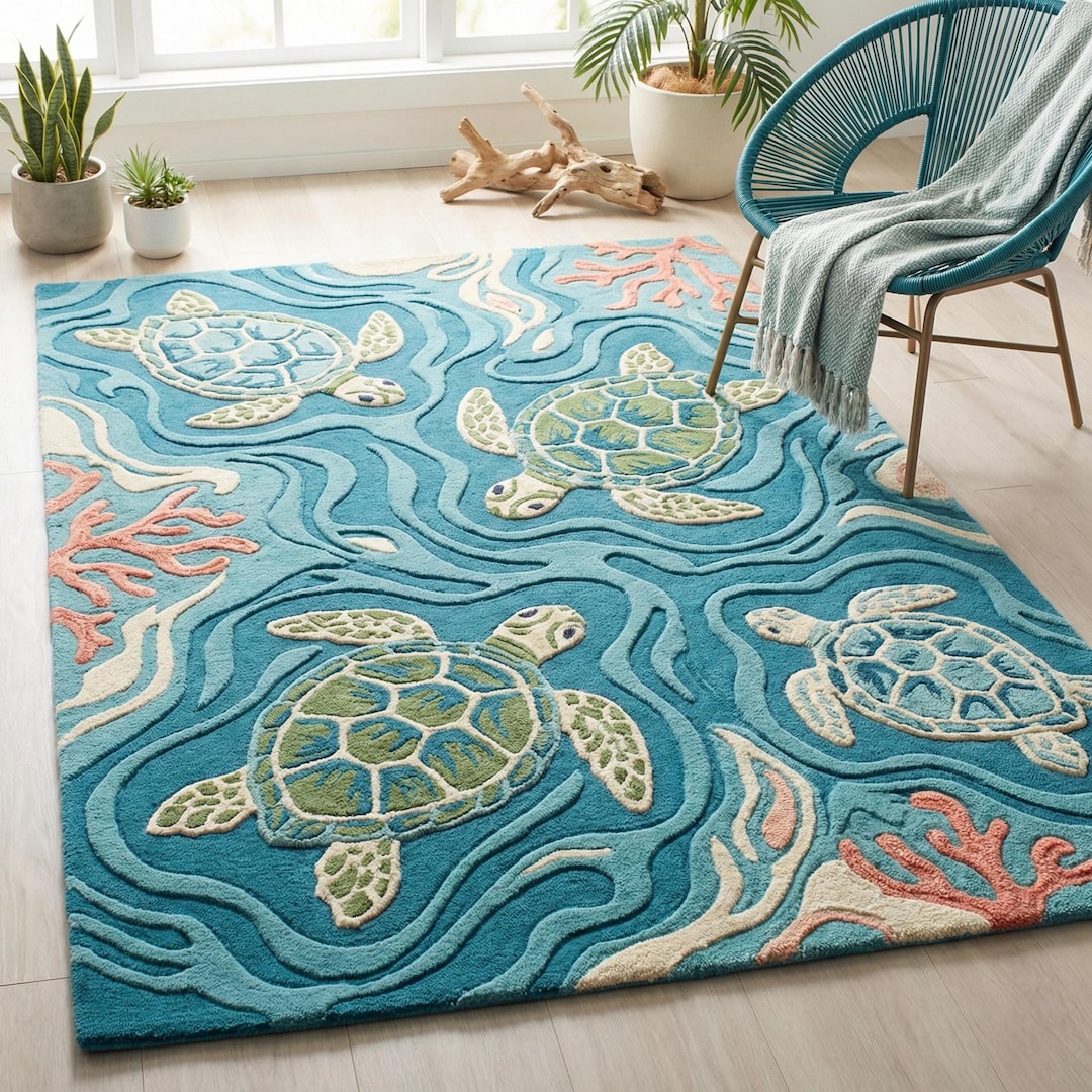 Hand Tufted Sea Turtle Area Rug, Coastal Wool Ocean Decor - Etsy