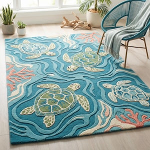 Hand Tufted Sea Turtle Area Rug, Coastal Wool Ocean Decor