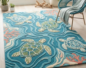Hand Tufted Sea Turtle Area Rug, Coastal Wool Ocean Decor
