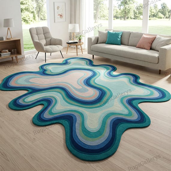 Teal Blue Irregular Amoeba Wool Rug, Modern Melting Abstract Hand Tufted Carpet
