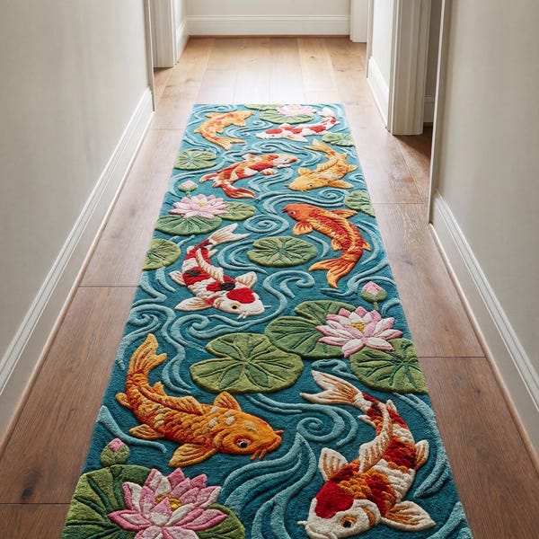 Hand getuftet Wolle Koi Fisch Läufer Japanischer Lotus Teich Flur Läufer