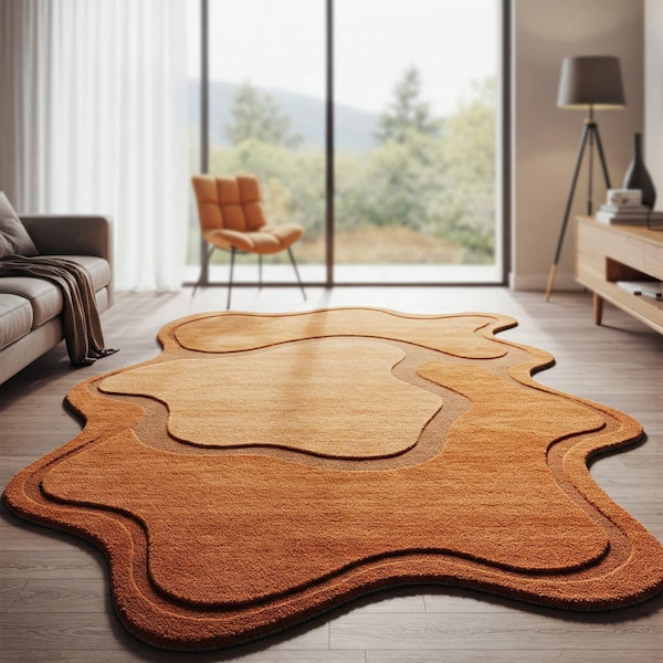 Burnt Orange Irregular Hand Tufted Rug, Abstract Wool Area Rugs for Living Room