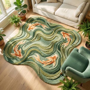 Hand tufted koi fish rug with sculpted wool waves in modern living room