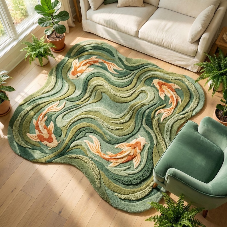 Hand tufted koi fish rug with sculpted wool waves in modern living room
